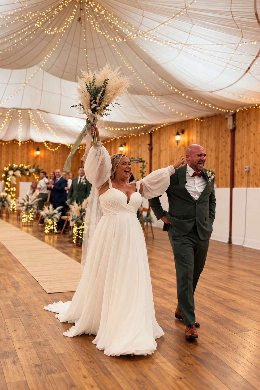 A bride and groom laughing as they walk back down the aisle, the bride raising her bouquet beneath a canopy of fairy lights