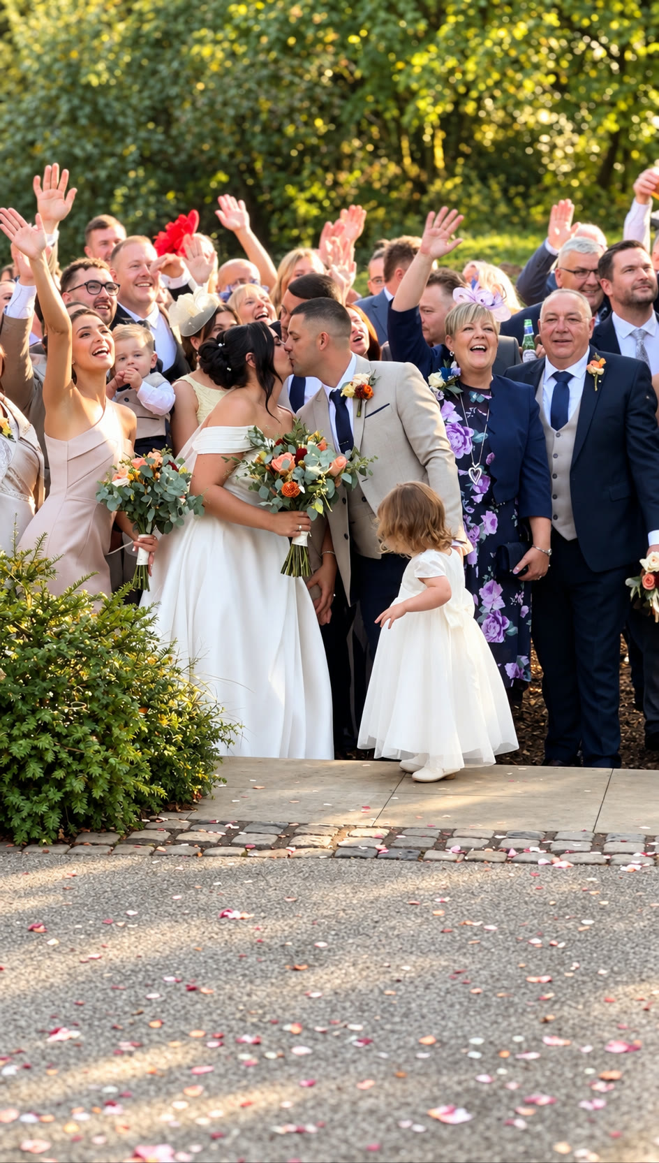 A bride and groom kissing as a flower girl, bridesmaid and cheering guests look on, confetti scattered on the ground